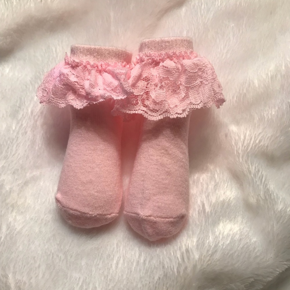 Rare Vintage Newborn Baby Pink Lace Ruffle Socks
